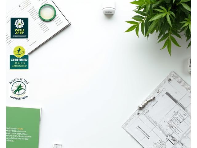 Diverse certification badges and architectural blueprints on a modern desk