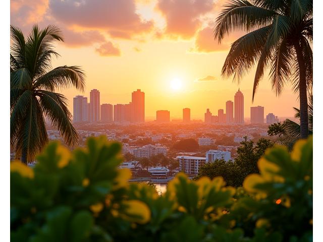 Miami skyline at sunrise with lush tropical foliage in foreground