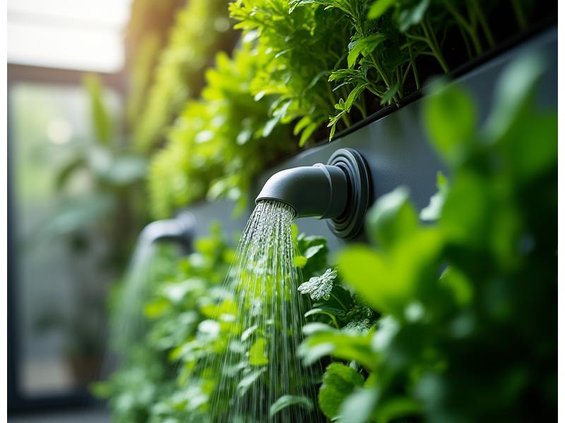 Automated irrigation system watering a lush indoor living wall, demonstrating ease of maintenance