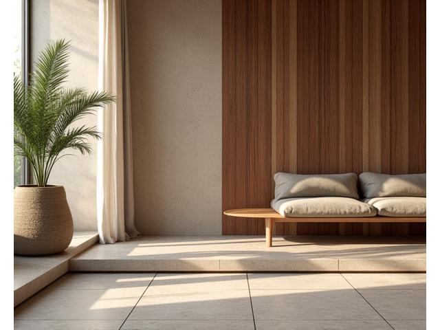 Textured natural wood paneling and stone tiles with soft, diffused lighting in a contemporary setting