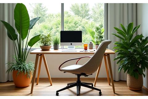 A home office incorporating biophilic design: a desk near a window overlooking lush Miami greenery, indoor plants, and natural wood textures, emphasizing climate considerations and wellness.