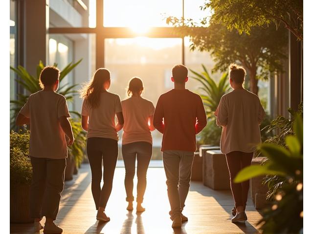 Diverse group of people engaging in wellness activities in a modern, sustainable community space.