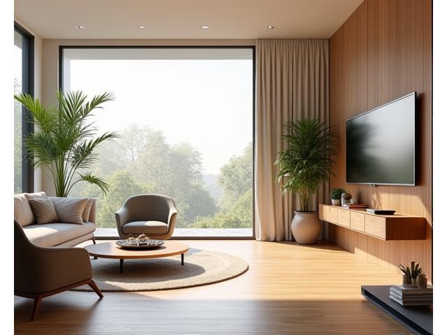 Stylized representation of a modern, biophilic living room subtly guiding occupant towards healthy choices, blending with nature.