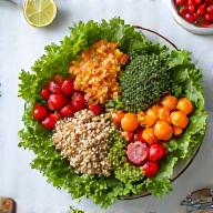 Nutritious, colorful meal artfully arranged on a modern kitchen island, highlighting healthy nutrition habits.