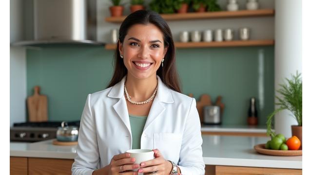 Smiling Dr. Elena Rodriguez in a contemporary, calm kitchen.