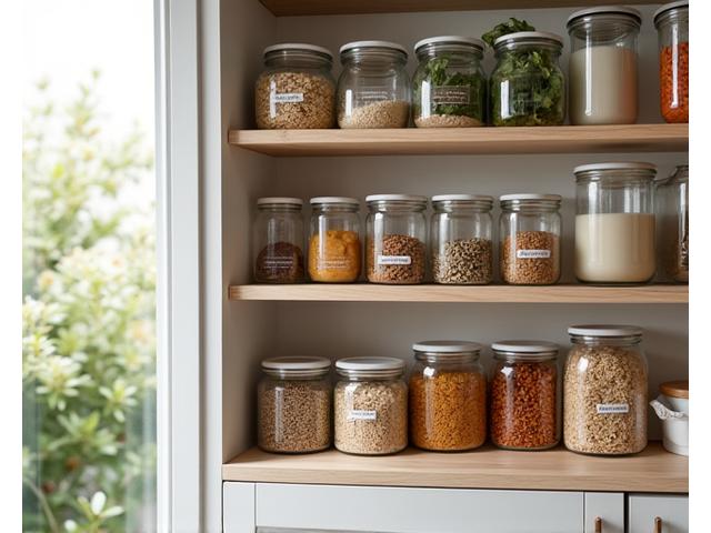 A beautifully organized pantry with neatly labeled jars of healthy ingredients, emphasizing accessibility and encouraging healthy choices.
