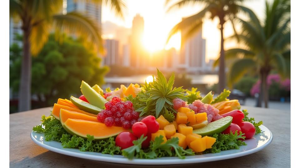 A vibrant plate of fresh, tropical fruits and locally sourced ingredients, set against a backdrop of Miami's skyline, symbolizing culturally integrated nutrition.
