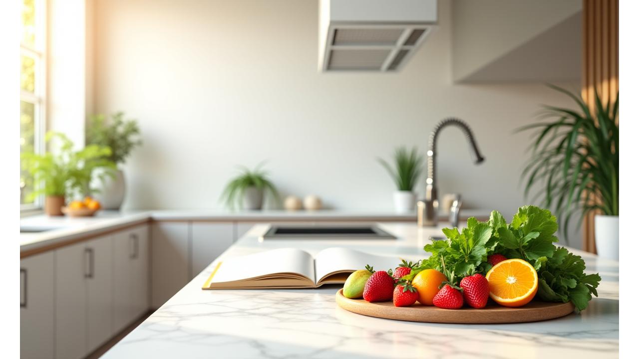 A brightly lit modern kitchen with fresh fruits and vegetables on a sleek countertop, emphasizing healthy eating in an optimized space.