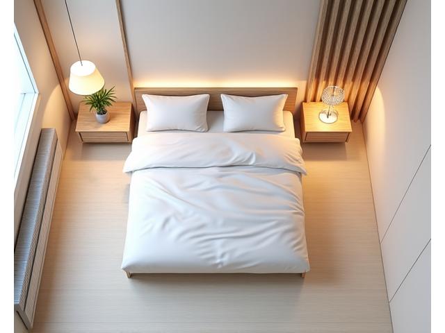 Minimalist bedroom with optimized bed placement, clear pathways, and clutter-free surfaces