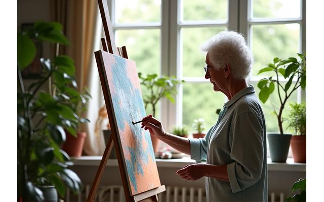 Senior woman painting in a well-lit home studio space with art supplies