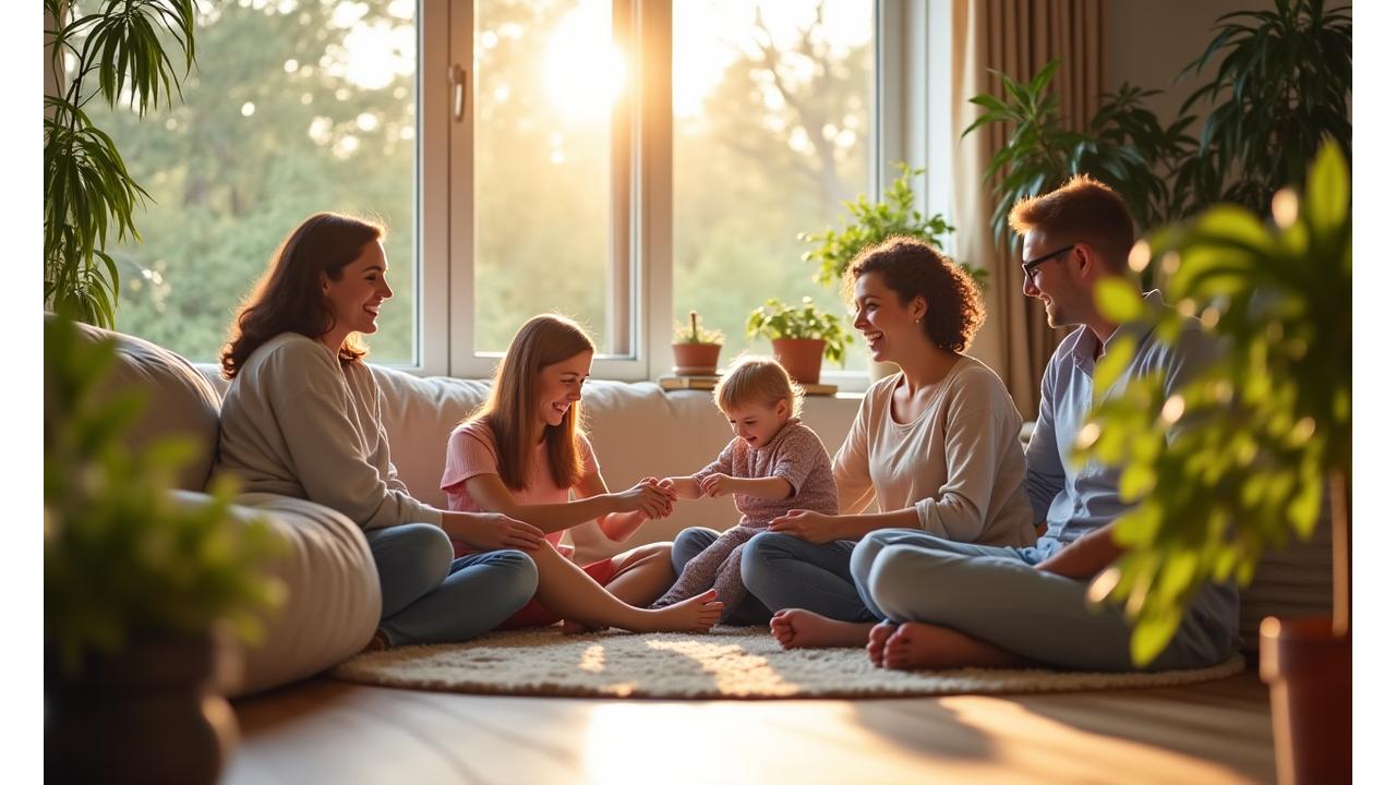 A happy family, including a child, playing in a bright, clean, naturally lit living room filled with healthy green plants, illustrating the benefits of a healthy home environment