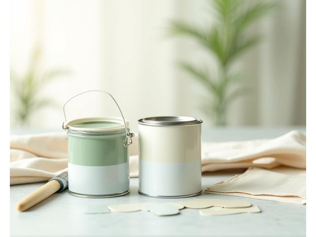 Open cans of low-VOC, non-toxic paint with brushes and color swatches in a bright, clean room setting