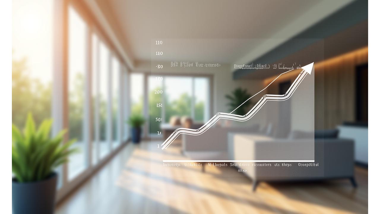 A sophisticated graph showing increasing property value and health benefits over time, contrasted with reducing energy costs, set against a backdrop of a beautifully designed green home.